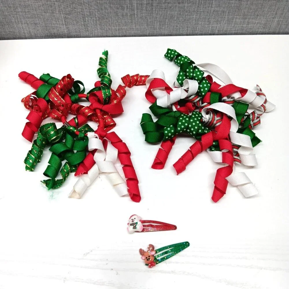 VTG 90s Y2K Christmas Curly Ribbon Hair Ties + Holiday Hair Clips Lot Sparkle